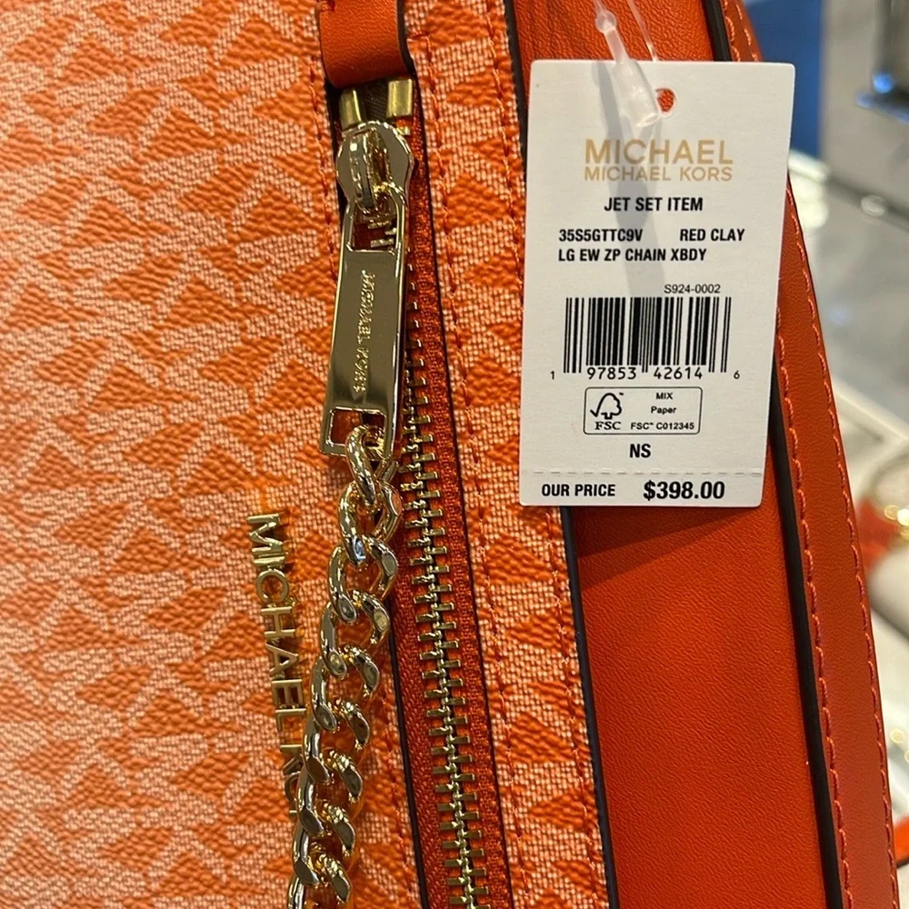 Michael Kors Jet Set Lg East West Ombré Signature Logo Crossbody Bag Red Clay